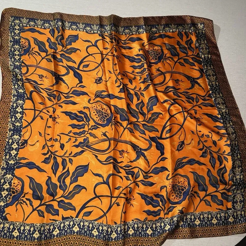 boho chic floral satin square scarf features a vibrant orange base, silky, purse